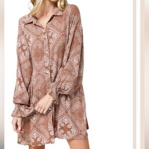 Blue B Collection Boho Chic Button-Up Paisley Shirt Dress